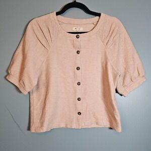 Madewell Womens Medium Cream Textured Waffle Knit Button Front Puff Sleeve Top